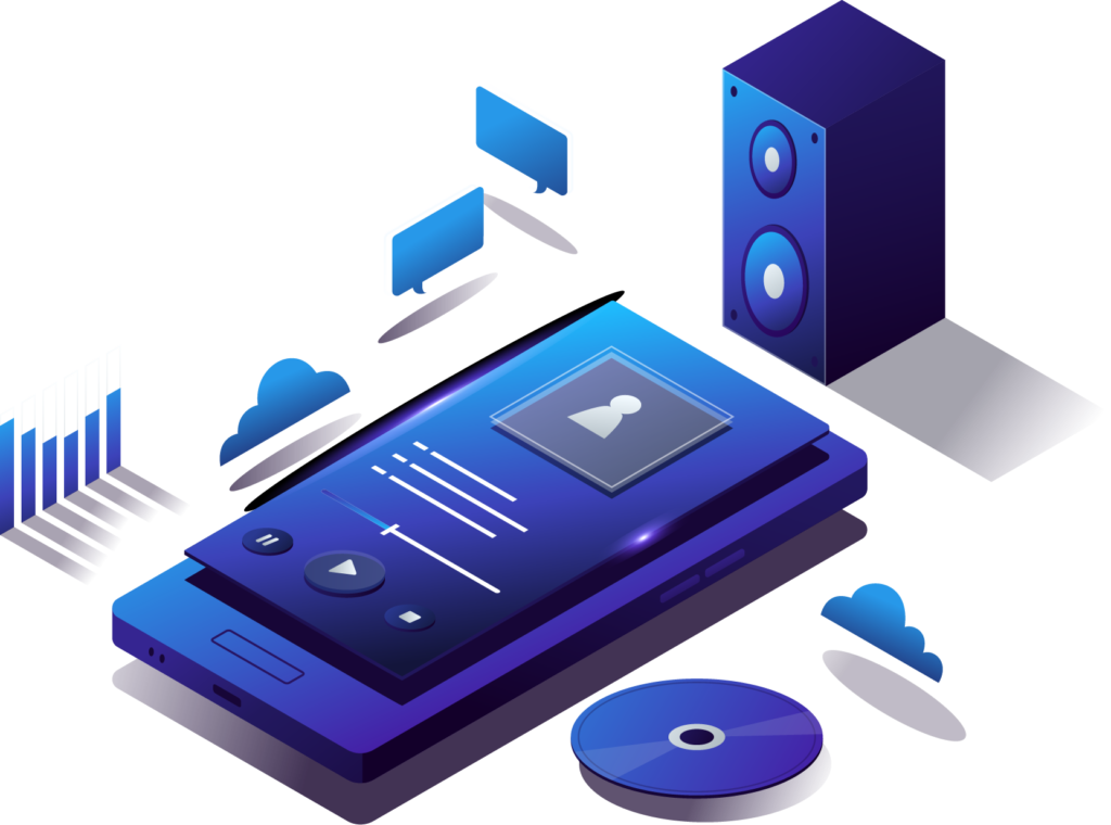 Illustration of a free AI music generator with a mobile music app interface, speaker, and cloud icons, symbolizing digital music creation.