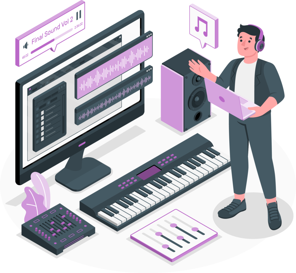 An illustration of an AI music generator with a producer, audio waveforms, keyboard, and mixing tools for creating music.